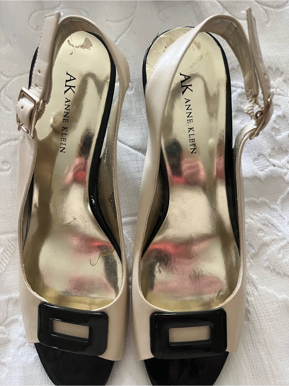 Anne Klein Cream and Black Slingback Peep-Toe Heels